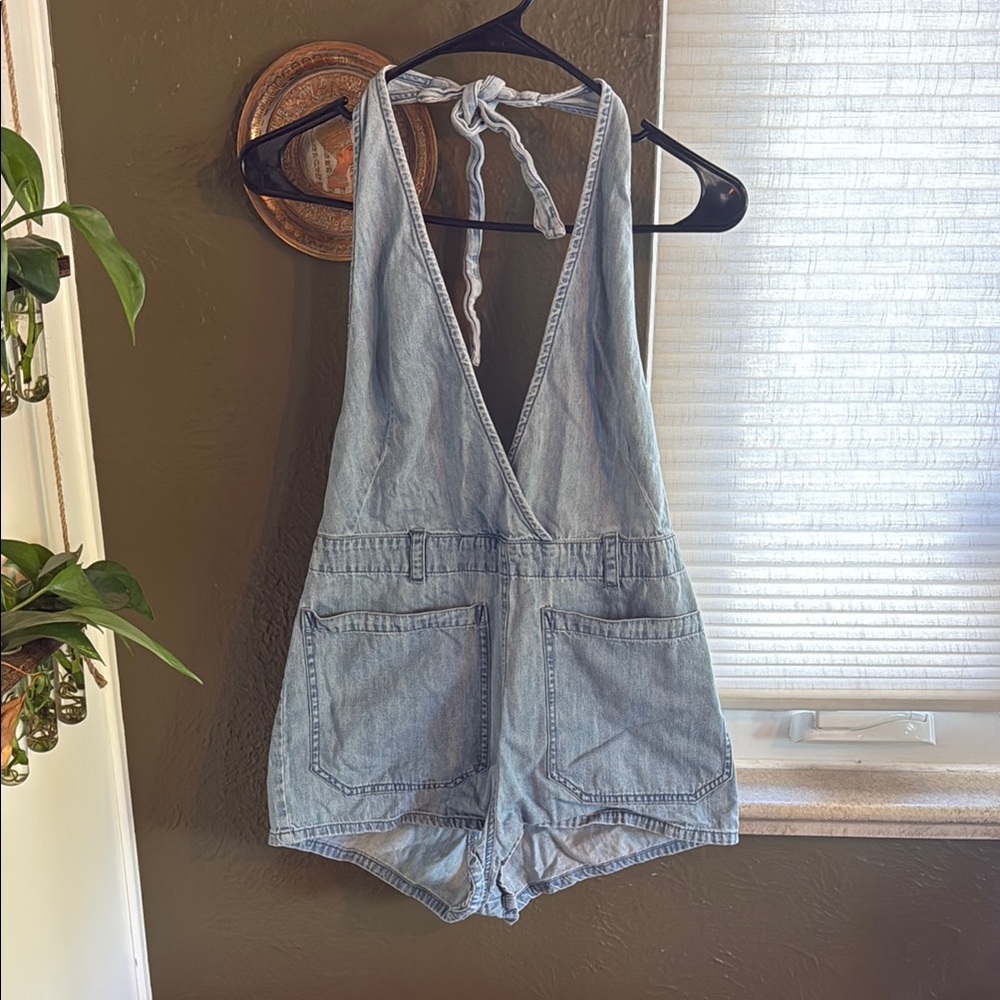 Free People Blue Denim Jumpsuit Versatile Casual Style